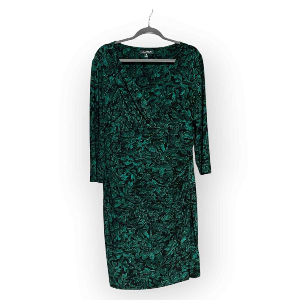 Emerald Green with Black Flowers Faux-Wrap Midi Dress with Sleeves and Drapes